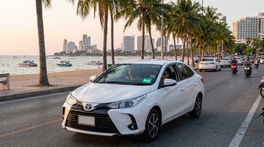 Bolt ride along Pattaya Beach Road at sunset