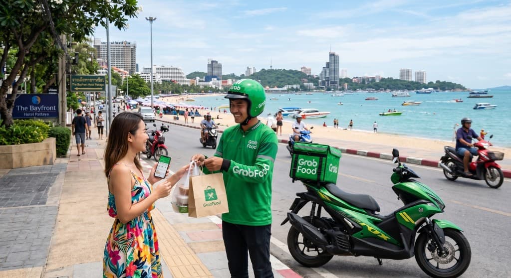 GrabFood delivery at Pattaya Beach with bay and city skyline