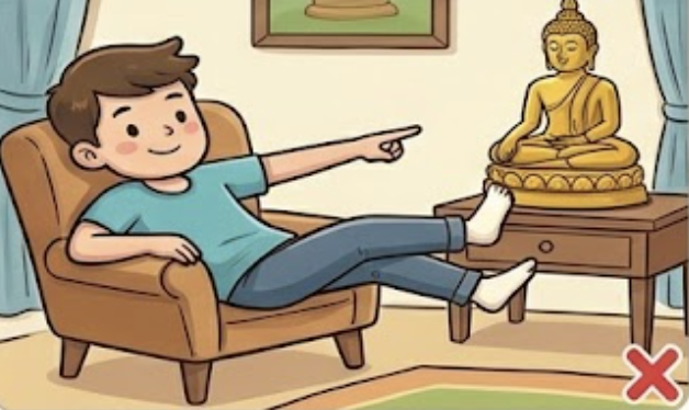 Don't: point feet at a Buddha image or touch someone's head