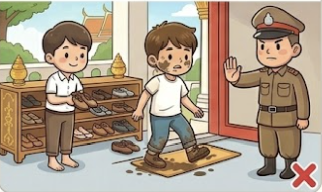 Don't: enter with shoes on — especially muddy shoes at a temple