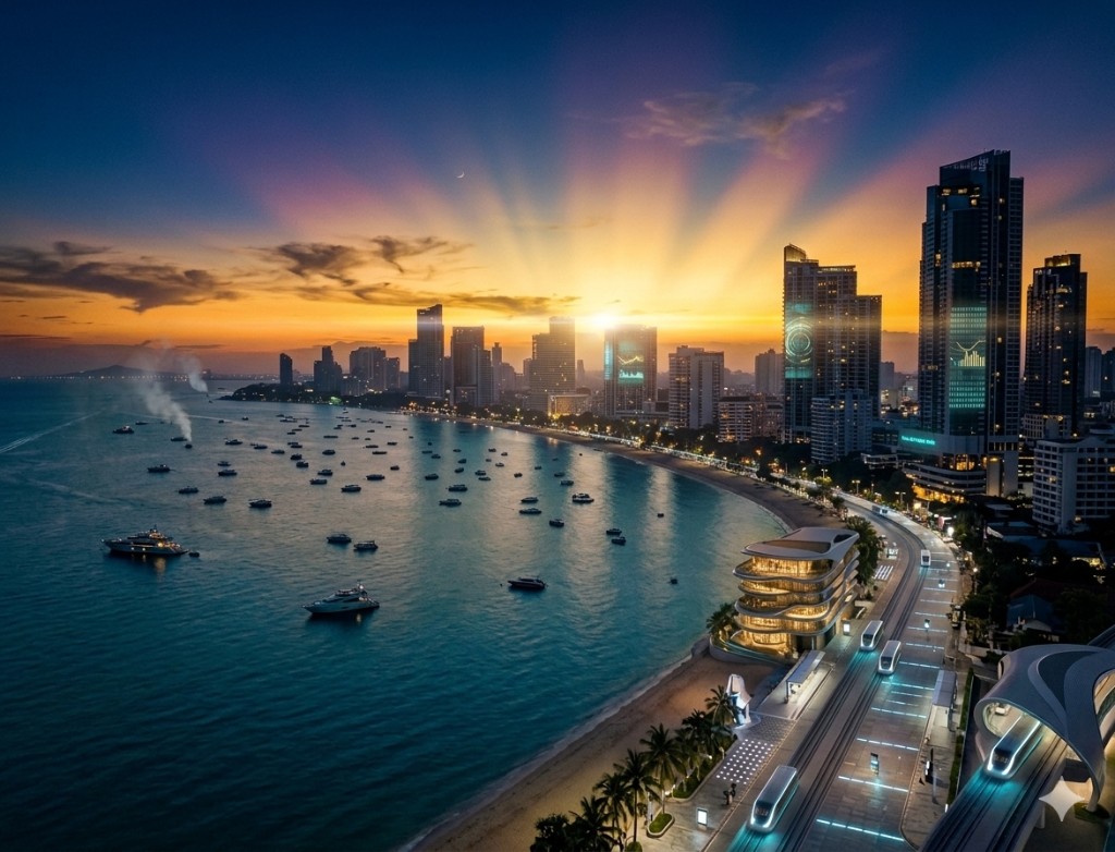 Pattaya smart city skyline and coastline at twilight