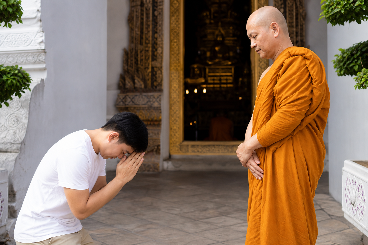 Deep wai to a Buddhist monk — hands high, thumbs between eyebrows