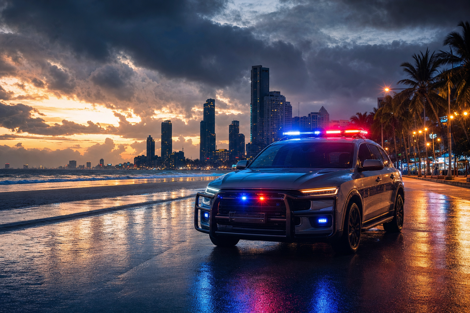 Thai police patrol on wet Beach Road at dawn